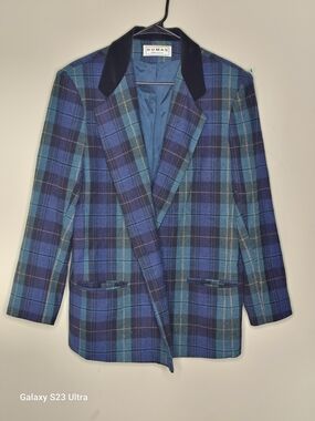 Vintage Dumas Blue Plaid Blazer with Velvet Collar